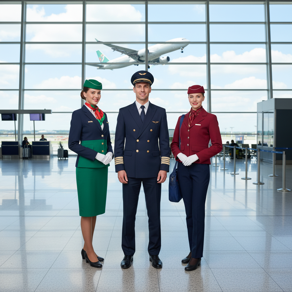 A flight attendant and a pilot standing back to back in tailored aviation uniforms