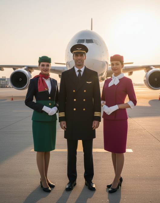 Wool berets in navy, rose, and green displayed with a uniform bag, striped scarf, and heels on an airport tarmac