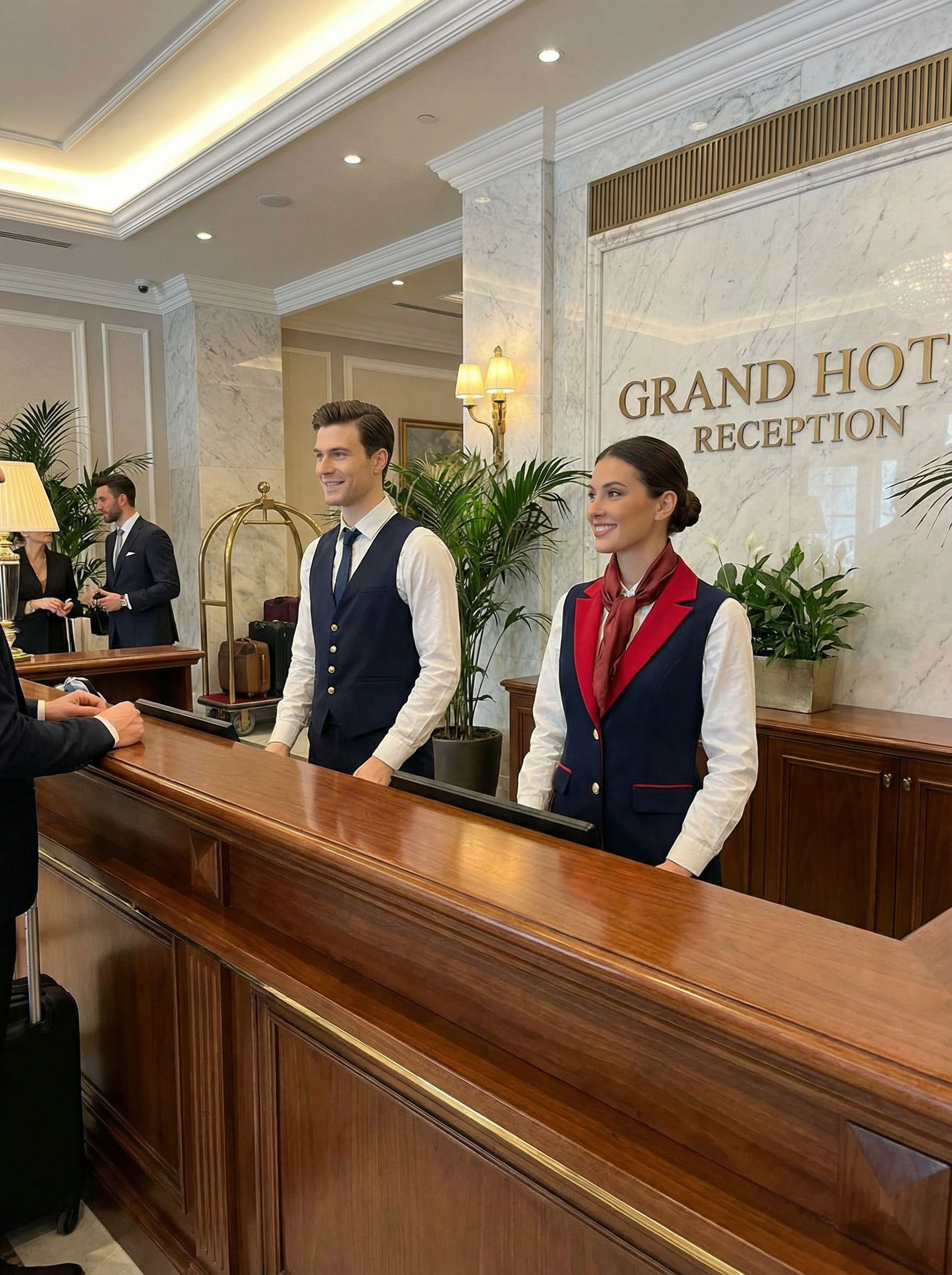A hospitality waistcoat and apron in navy on a form beside fabric swatches under warm light