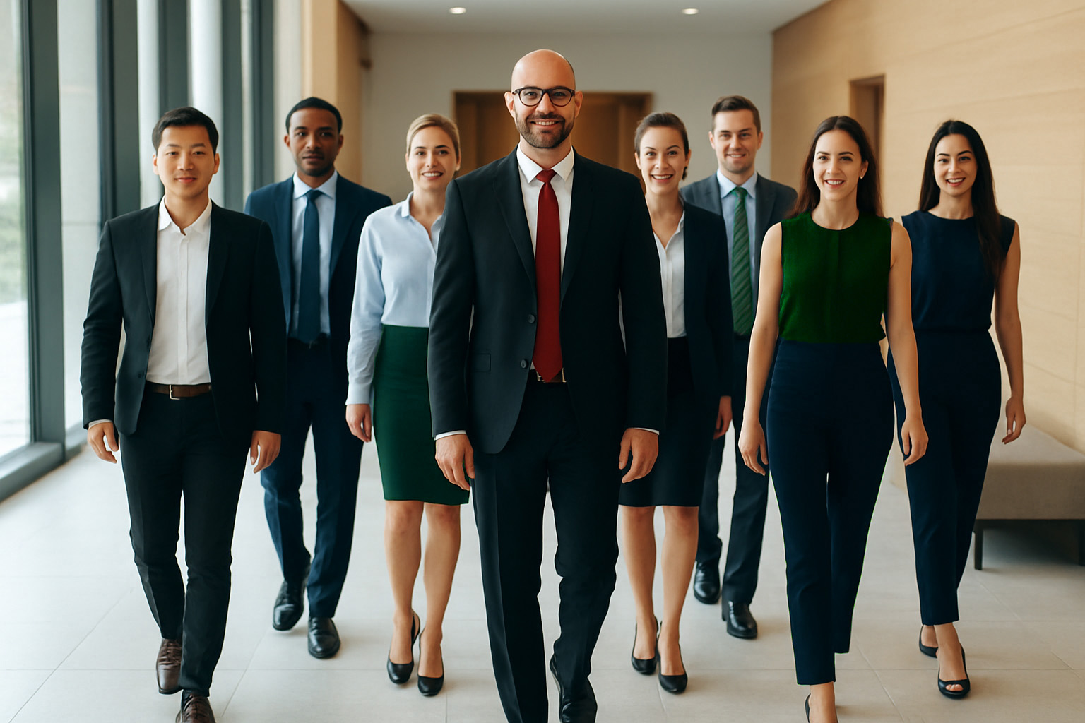 A corporate team walking through an office corridor in Uniforms Fashion tailored suits