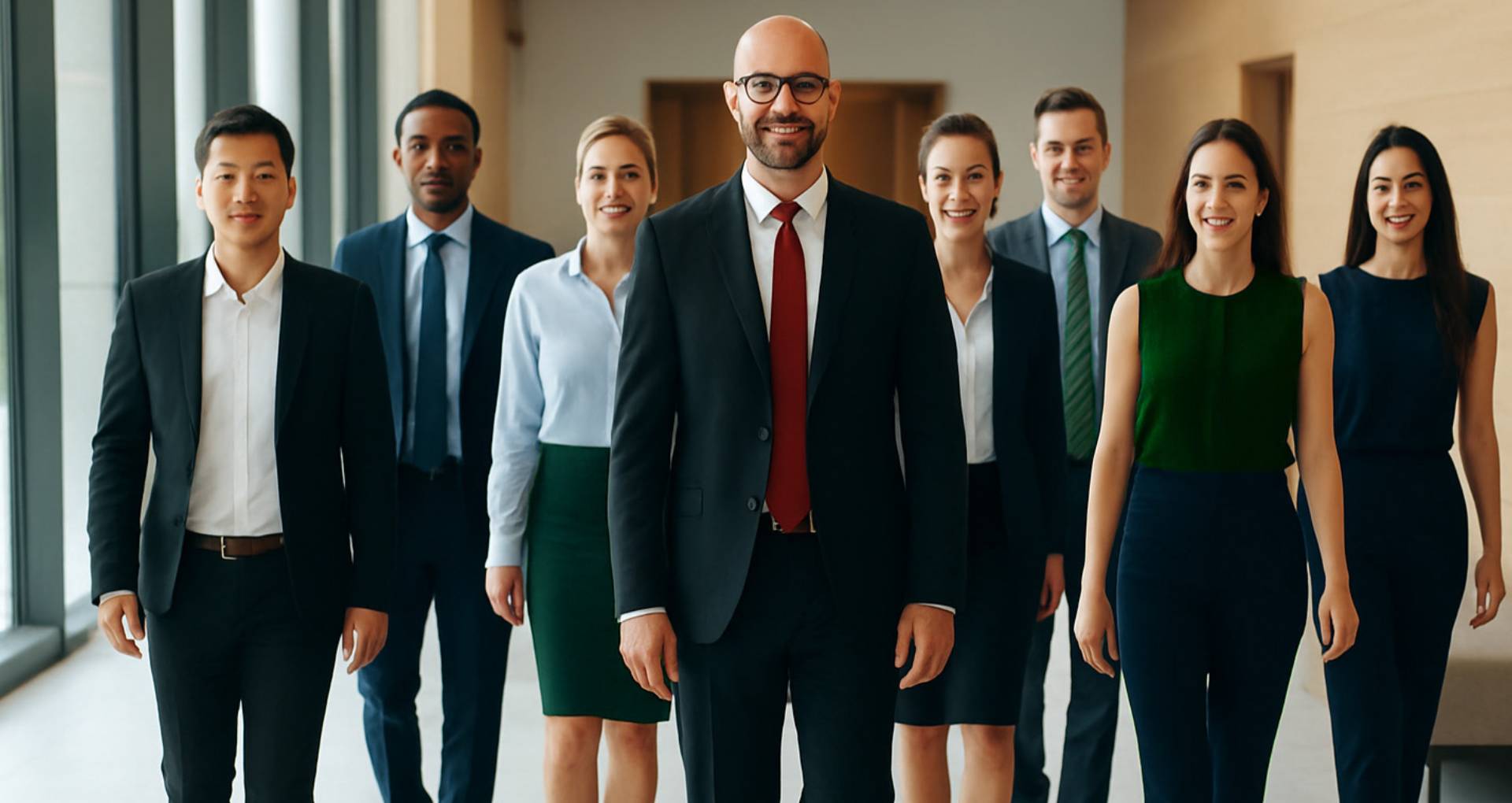 A corporate team in tailored navy suits and blazers walking together through an office corridor