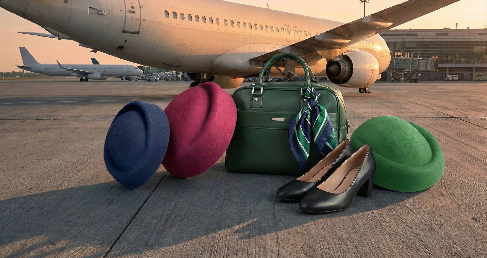 Wool berets in navy, rose, and green displayed with a uniform bag, striped scarf, and heels on an airport tarmac
